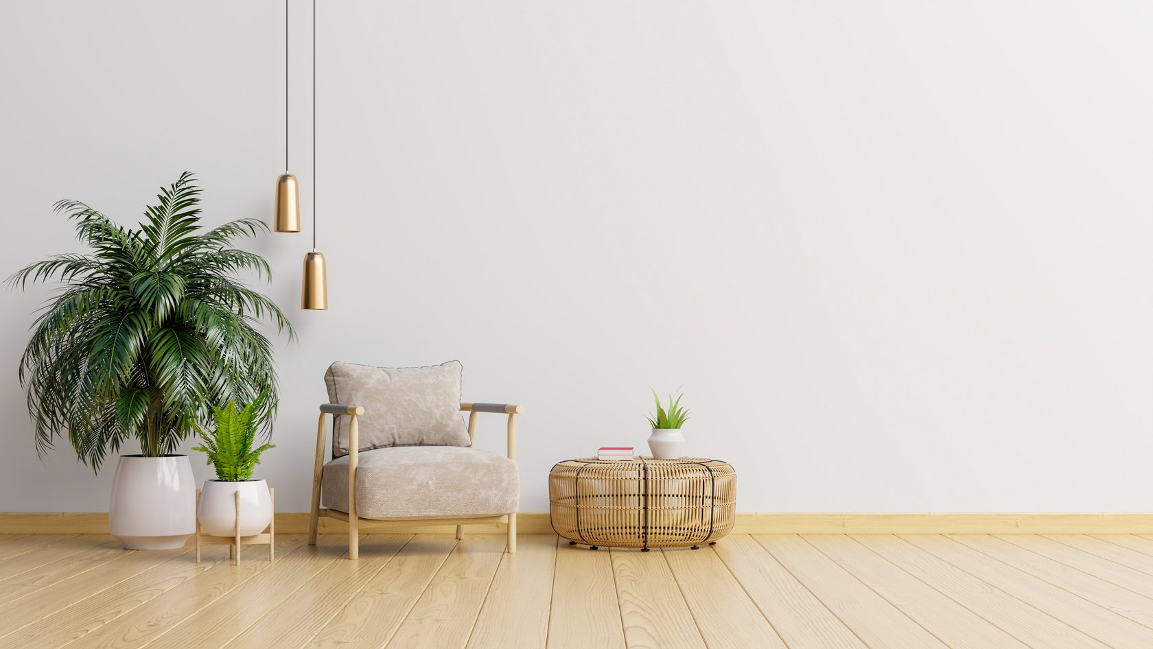 Home Interior with Armchair on Empty White Wall Background